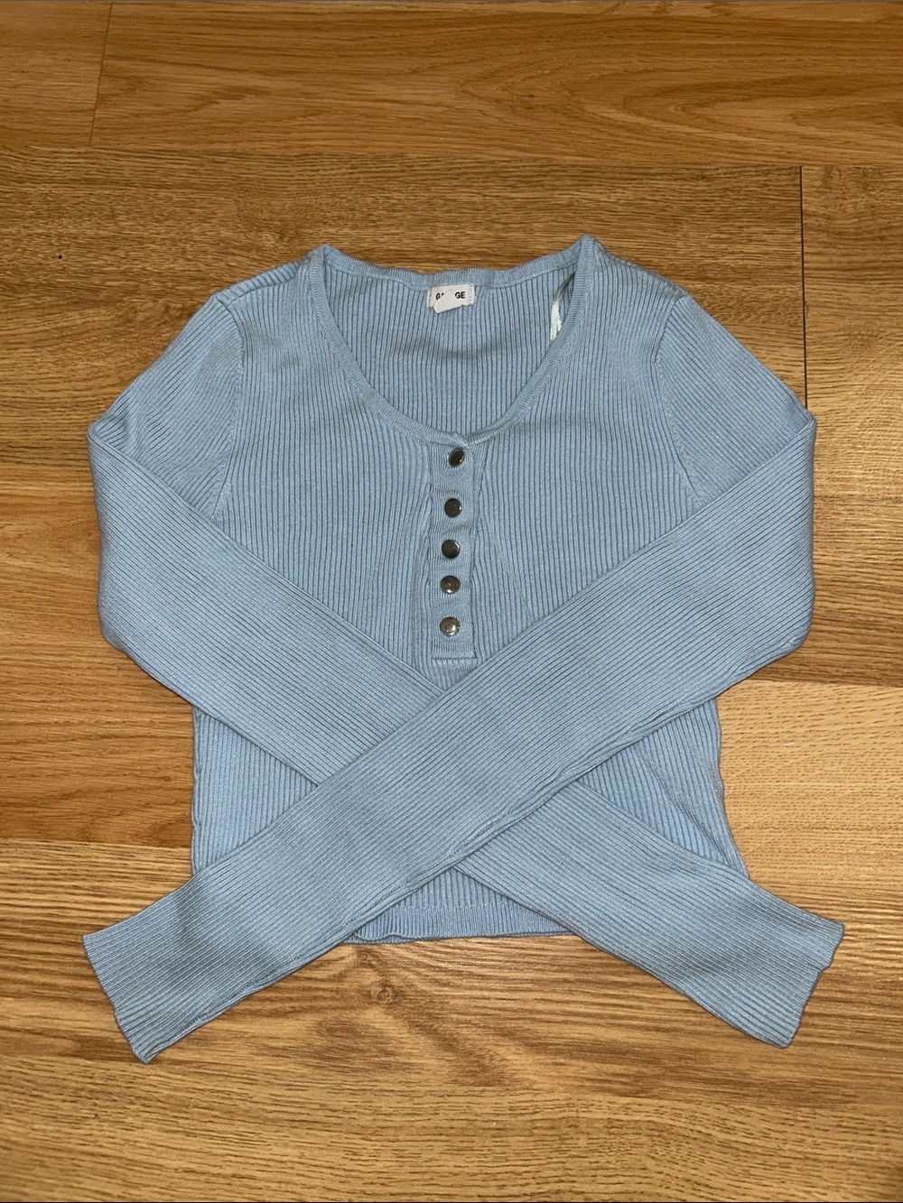 Garage Light Blue Ribbed Henley Long Sleeve Top
